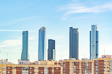 MADRID, SPAIN - OCTOBER 7, 2021. Skyscrapers of the city of Madrid (the 5 towers) of the financial complex of the capital, in Spain. Europe. Horizontal photography.