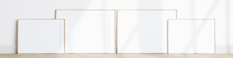 Obraz premium wooden horizontal frames, minimalist style mockup, frames gallery, 3d render
