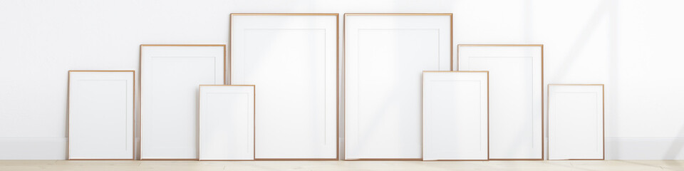 wooden vertical frames, minimalist style mockup, frames gallery, 3d render