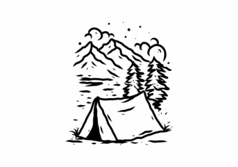 Fototapeta na wymiar Line art illustration drawing of camping in mountain