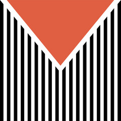Abstract geometrical illustration with orange and white triangles on striped black and white background