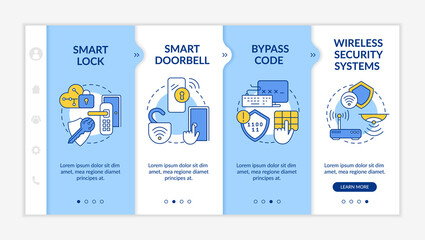 Digital security system onboarding vector template. Responsive mobile website with icons. Web page walkthrough 4 step screens. Wireless home safety system color concept with linear illustrations