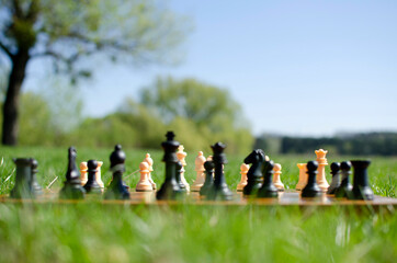 Chess pieces on chess board in green grass	