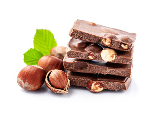 Chocolate with hazelnuts nuts on white backgrounds