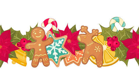 Seamless Colorful Christmas Border Vector Isolated on white background. Border featuring a Gingerbread man, reindeer, candy cane and Christmas floral decoration.