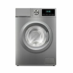 Washing machine isolated on white background. Front view, close-up. Realistic domestic electronic device. 3D household appliances for cleaning laundry at home. Vector modern housework equipment
