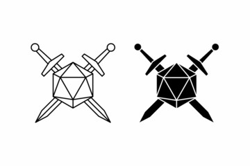 crossed sword and 20 sided dice flat icon vector for apps and websites - obrazy, fototapety, plakaty
