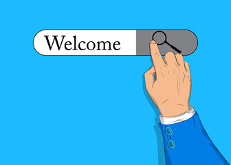 Virtual search bar with the text Welcome. Businessman pushing his right hand index finger to touch a search icon.