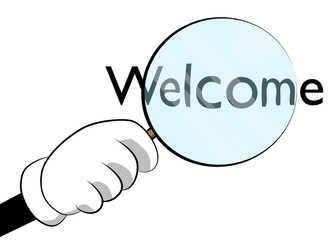 Welcome text under magnifying glass illustration on white background.
