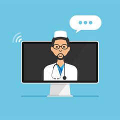 Fototapeta na wymiar Male doctor on a monitor screen. Home medicine online concept. Medical support. Vector illustration in trendy flat style. Isolated. 