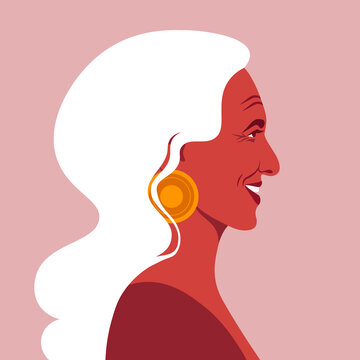 A Profile Of An Elderly Latin American Woman. A Face Of A Happy Grandmother. Side View. Avatar. Vector Flat Illustration