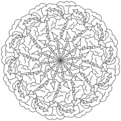 Contour mandala of thunderclouds with lightning, meditative coloring page with arrows