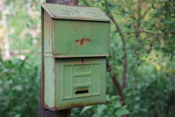 An old rusty mailbox is hanging on a tree.