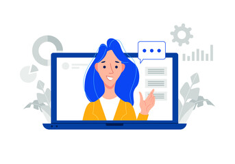 Webinar concept. A young woman teaching on laptop screen. Vector illustration distance education.