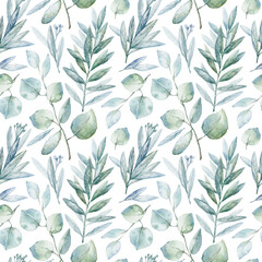 Floral seamless pattern.Eucalyptus branches.Pattern for fabric, paper and other printing and web projects.Watercolor hand drawn illustration.	