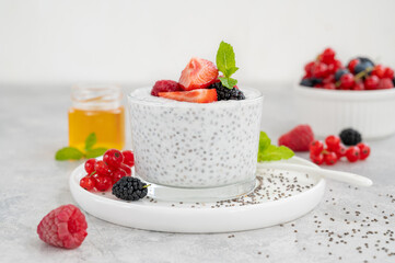Vanilla chia pudding with fresh berries and honey in a glass on a gray concrete background. Superfoods concept. Copy space.