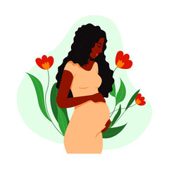 Happy pregnant black woman hugs belly isolated on white background. Vector illustration of pregnancy concept.