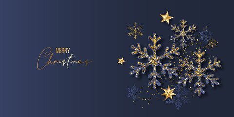 Christmas banner. Background Xmas design of sparkling lights garland, tree, gold snowflake and glitter gold confetti. Horizontal christmas poster, greeting cards, headers, website