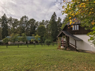 Fototapeta na wymiar Beautiful houses in the forest in the Polenov estate