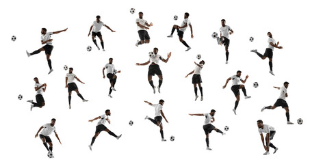 Collage made of shots of one african professional football soccer player with ball in motion, action isolated on white studio background.