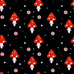 Black background with fly agarics and polka dots, seamless funny pattern