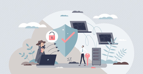 Network security and safe data file storage with shield tiny person concept. Information protection from criminal hackers and thief with firewall and encryption software systems vector illustration.