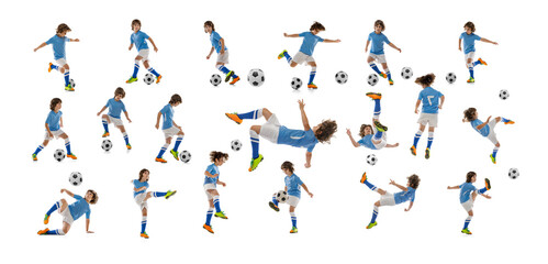 Collage made of shots of one little boy, football soccer player with ball in motion, action isolated on white studio background.