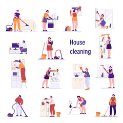 Fototapeta na wymiar Housewives are cleaning the living room kitchen. Set of vector illustrations in flat style.