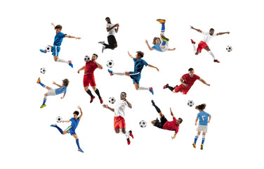 Fototapeta na wymiar Collage made of professional football soccer players with ball in motion, action isolated on white studio background.