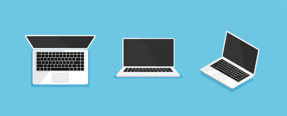 Laptop from different angles or position. Empty or blank display screen. Computer mock up isolated on blue background. Equipment for office. Front, top view and isometric.
