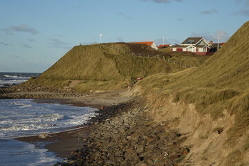 Hiking the coastal path of Lonstrup on a sunny and stormy day, Jammerbugt, Lonstrup, Hjorring,...
