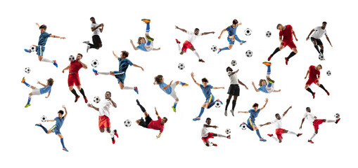 Collage made of professional football soccer players with ball in motion, action isolated on white studio background.