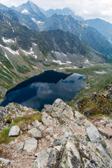 Fototapeta na wymiar Velke Hincovo pleso and Hincove oka lakes from Koprovsky stit mountains peak in Vysoke Tatry mountains in Slovakia