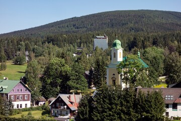 Landscape of Harrachov town with The Kostel sv. Vaclava church