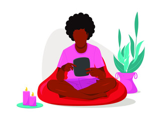 Handsome black man sitting and reading an e-book. Vector concept illustration of reading, recreation. Online library.