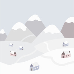 Winter landscape snow-covered mountains, village, settlement, small town, frost, it's snowing, winter, December, cold, mountains, house build, Christmas mood.