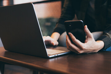 using typing computer texting cell phone.student study education online learning.adult professional chatting on laptop,mobile contact us at Thinking business plan.connecting people concept