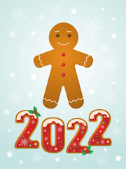 Christmas card with gingerbread in the form of numbers and a man, vertical. The year is 2022. Vector illustration.