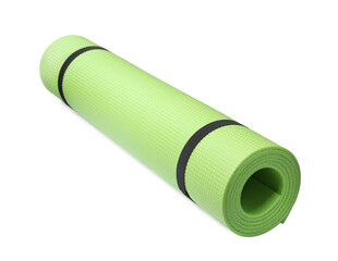 Rolled light green camping mat isolated on white