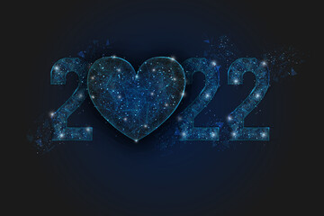 Abstract isolated blue image of new year number 2022 with heart. Polygonal low poly wireframe illustration looks like stars in the blask night sky in spase or flying glass shards. © Katsiaryna