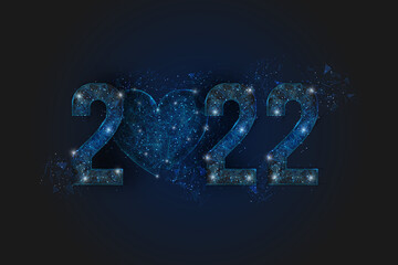 Abstract isolated blue image of new year number 2022 with heart. Polygonal low poly wireframe illustration looks like stars in the blask night sky in spase or flying glass shards. © Katsiaryna