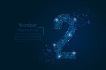 Abstract isolated blue image of a number two. Polygonal illustration looks like stars in the blask night sky in spase or flying glass shards. Digital design for website, web, internet. © Katsiaryna