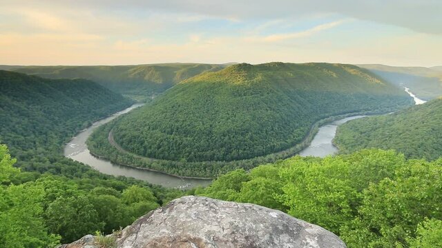 clear sunny day at the New River Gorge National Park in West Virginia as viewed from Grand view overlook.