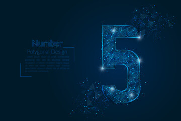 Abstract isolated blue image of a number five. Polygonal illustration looks like stars in the blask night sky in spase or flying glass shards. Digital design for website, web, internet. © Katsiaryna