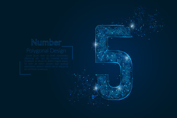 Abstract isolated blue image of a number five. Polygonal illustration looks like stars in the blask night sky in spase or flying glass shards. Digital design for website, web, internet. © Katsiaryna