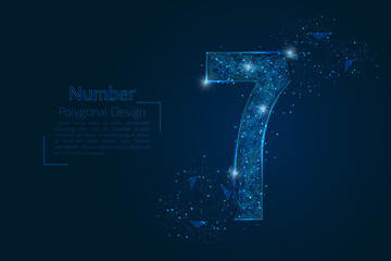 Abstract isolated blue image of a number seven. Polygonal illustration looks like stars in the blask night sky in spase or flying glass shards. Digital design for website, web, internet. © Katsiaryna