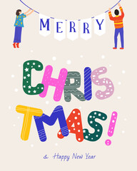 Christmas greeting card. Happy people holding bright letters. vector illustration