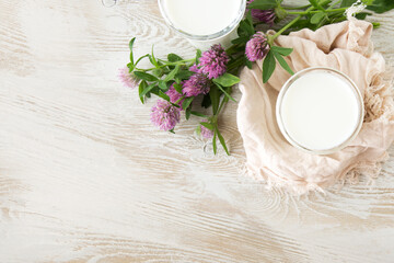 Fototapeta na wymiar glasses with milk and clover flowers on a light wooden table