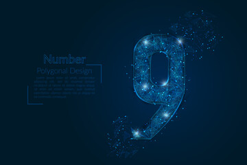Abstract isolated blue image of a number nine. Polygonal illustration looks like stars in the blask night sky in spase or flying glass shards. Digital design for website, web, internet. © Katsiaryna