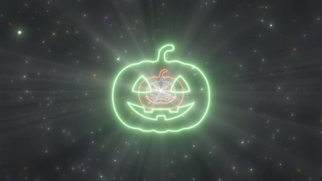 Spooky Pumpkin Halloween Shape Neon Lights Tunnel Moving in Night Sky - 4K Seamless VJ Loop Motion Background Animation